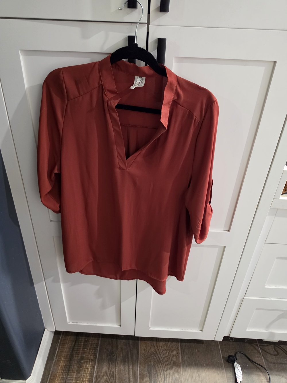 Rust Red Women's V-Neck Roll-Sleeve Blouse